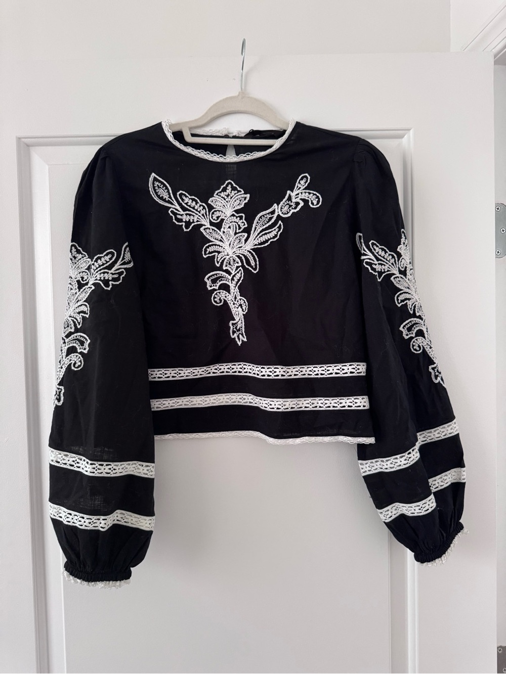 Zara Black Blouse with White Embroidered Floral Trim